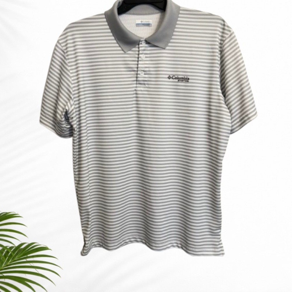 Columbia PFG Omni-Shade Striped Performance Polo Shirt Gray White Mens L
